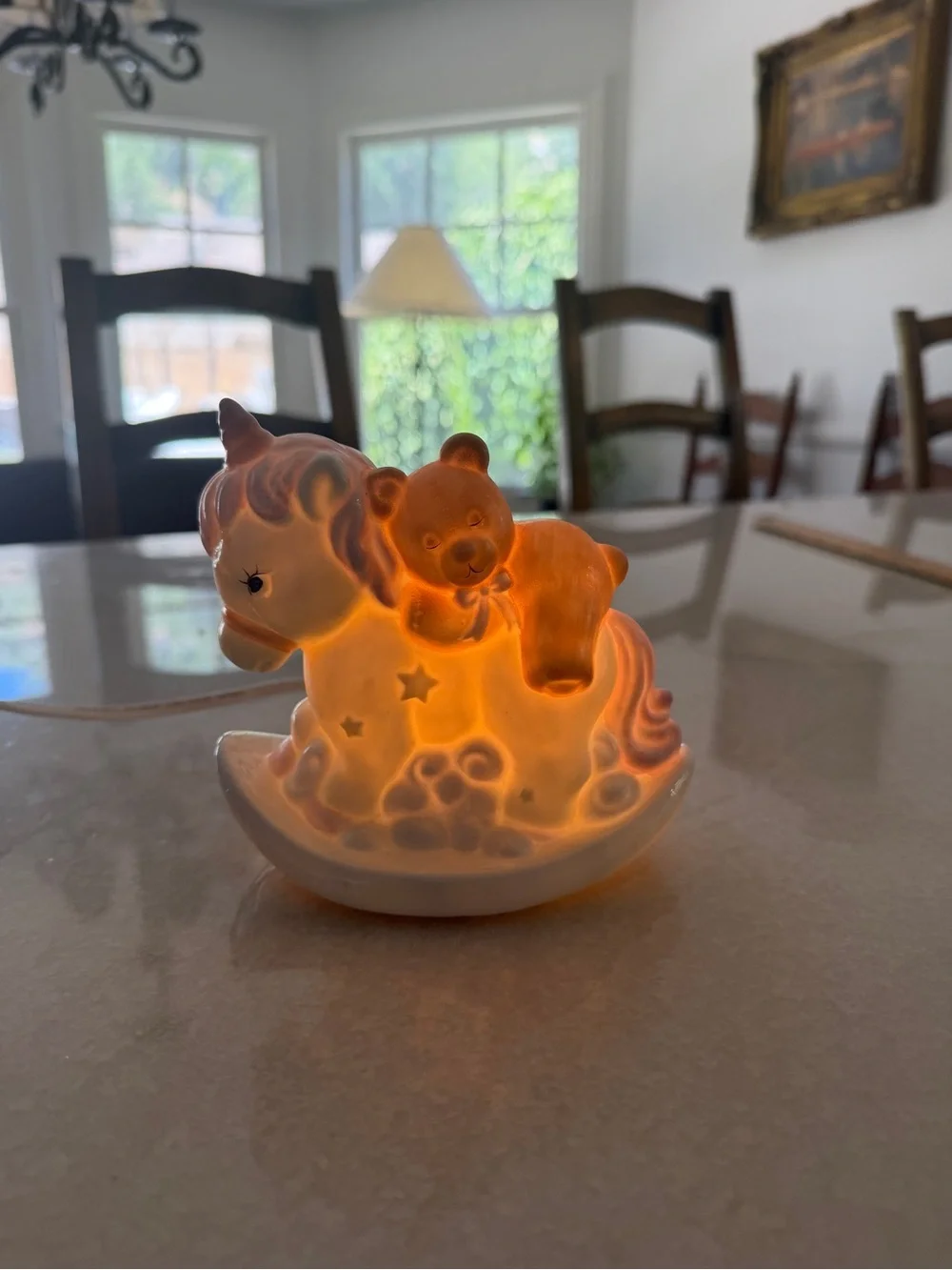 Enesco White Ceramic Unicorn Rocking Horse Night Light with Bear